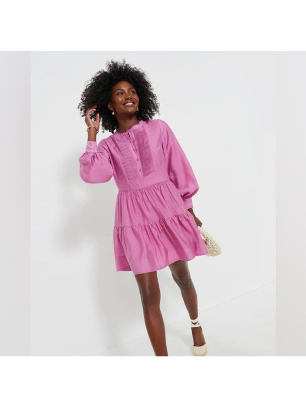 Hyacinth House by Tuckernuck Pink Amie Mini Dress sz S Long Sleeve Pleated Swing